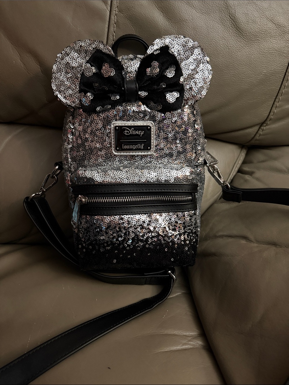 Loungefly Black and Silver Sequin Mini Backpack with Bow Ears
